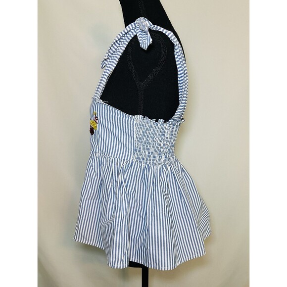 Zara Floral Embroidered Blue Stripe Peplum Tie Shoulder Sleevless Top Women's S - Picture 3 of 14
